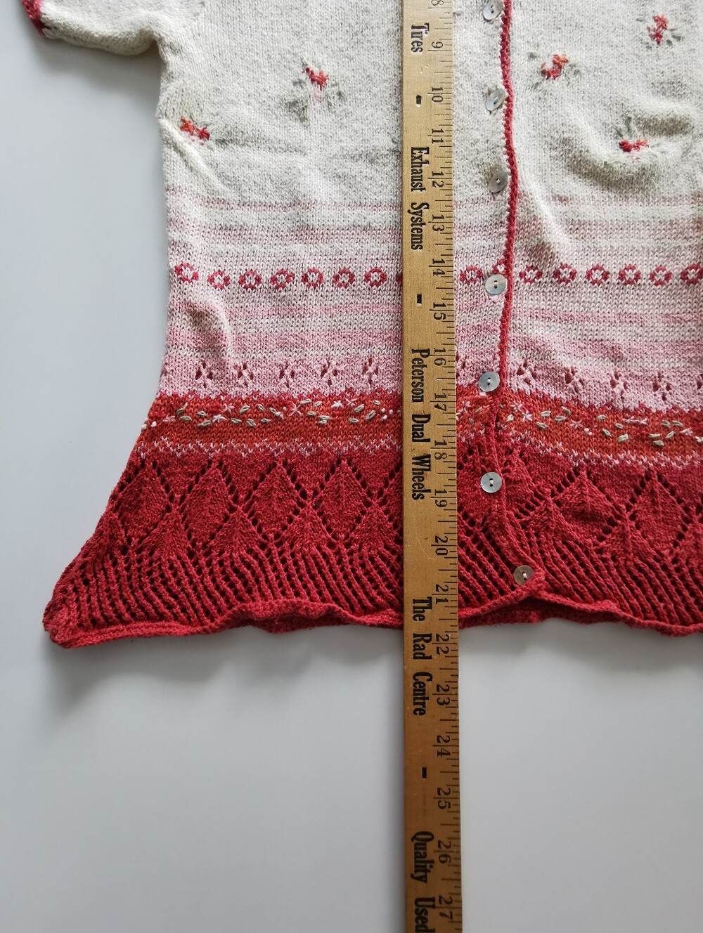 Susan Bristol Cream Knit Short Sleeve Cardigan with Red Pink Floral Embroidery - Picture 6 of 6